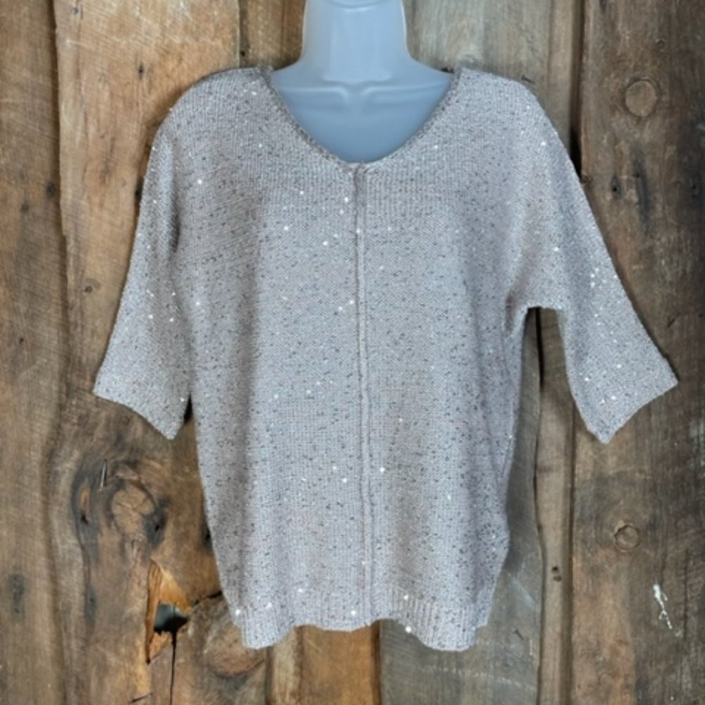 WD.NY Tan/Pink Shimmer Short Sleeve Sweater - Size Small